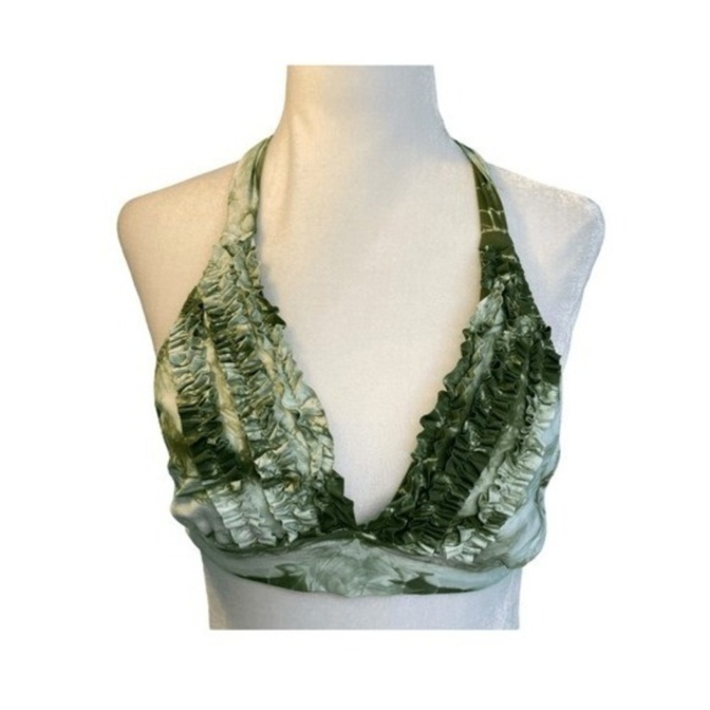 Lucky Brand Ruffle Triangle‎ Bikini Top Olive Green White Tie Dye Swimsuit S